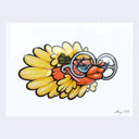 Illustration on white paper of a cartoon beta fish with large lips, thick eyelashes and glasses.