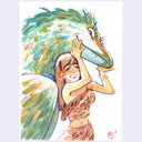 A colorful illustration of a smiling woman with long brown hair embracing a large green bird-like creature with feathered head and wing, shown on a white rectangular artwork against a light gray background.