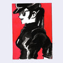 A stylized black and white watercolor portrait of a woman in profile wearing a cap, set against a solid red rectangular background, shown on a light gray canvas.