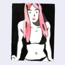 Mixed media illustration of a woman with pink hair, wearing a bikini that is black, against a black background.