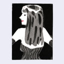 A stylized portrait artwork of a woman in profile with long dark hair, rendered in black, white, and gray with a small red accent on the lips, shown against a light gray background.