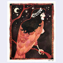 A stylized painting featuring a woman in profile with dark hair, a white leafy headpiece against a dark starry background with a crescent moon. She has the body of a bird, perched on a branch.