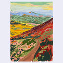 Colorful painting of a mountainous landscape.