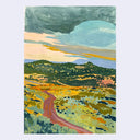 Painting of a very colorful open landscape with a sky.