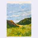 Painting of a grassy landscape in front of the ocean.