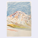 Colored pencil illustration of a snowy mountainous landscape.