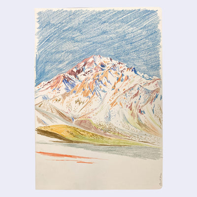 Colored pencil illustration of a snowy mountainous landscape.