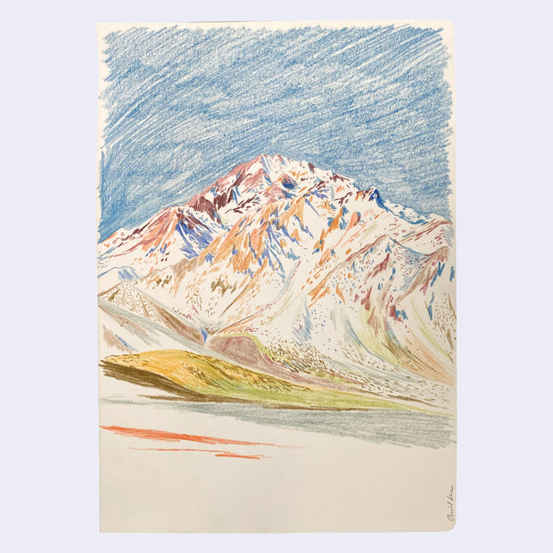 Colored pencil illustration of a snowy mountainous landscape.