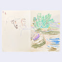 Colored pencil illustration of an abstract landscape and a portrait.