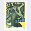 A risograph print featuring a stylized dark blue and green amphibian or reptile figure among pale yellow tree branches, centered on a cream border with the artist name ARLIN at the bottom right.