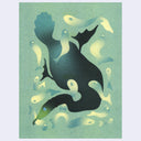 Teal colored risograph print on cream paper of a bird underwater, swimming amongst many fish.