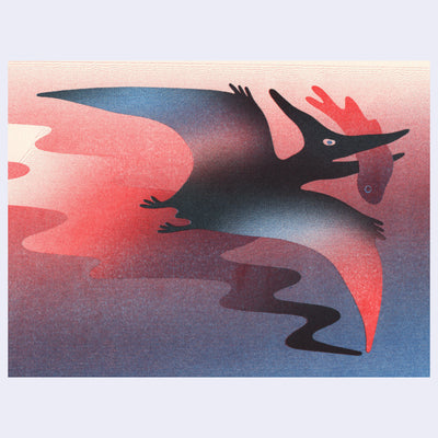 Illustration of a pterodactyl flying with a fish in its mouth, with a stylized background of blue and red.
