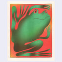 Stylistic green frog illustration on a red background