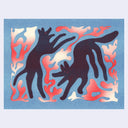 Risograph print with blue and red of 2 stylistic dogs with long limbs and red eyes, jumping. They are surrounded by red and white abstract shapes on a blue background. 