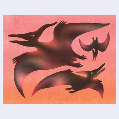 Illustration of several flying pterodactyl dinosaurs on a pink sunset like sky.