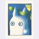 Cartoon-like creature with large eyes and a leaf on its head against a blue background