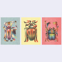 Three colorful beetle illustrations on different colored backgrounds