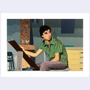 Illustration of a person in a green shirt drawing on a large drawing board while sitting and looking slightly behind him.
