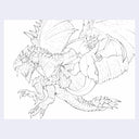 Line drawing of a 2 dragons, one detailed with its scales and the other more cartoon like.