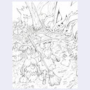 Coloring page with a witch and cartoon monsters in a forest setting