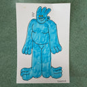 Black line art drawing of a tall cartoon character, colored in with blue marker. They stand nude with large hands/arms at their side and large feet. The top of their head has 3 rounded lumps, like hair.