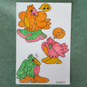 Collection of doodles done in marker on a sheet of sketchbook paper - several colorful cartoon birds, wearing chunky oversized boots. One whistles, one sleeps and one looks excitedly forward.