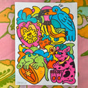 Drawing of many colorful animals perched on top of various fruits.