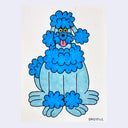 Marker illustration of a simple blue cartoon poodle, with fluffs of fur atop its head, ears, collar, mouth, paws and tail. It sits on all 4s and smiles with its cartoon tongue out.