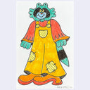 Colorful drawing of a green raccoon character with a yellow overalls and orange shirt and boots on a white background