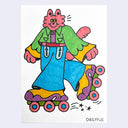 Marker illustration of a retro, pink cartoon cat wearing green cropped jacket, blue jeans and colorful roller skates.
