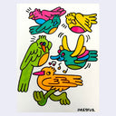 Colorful marker illustration of several retro style cartoon birds, with bright colored wings and bodies.