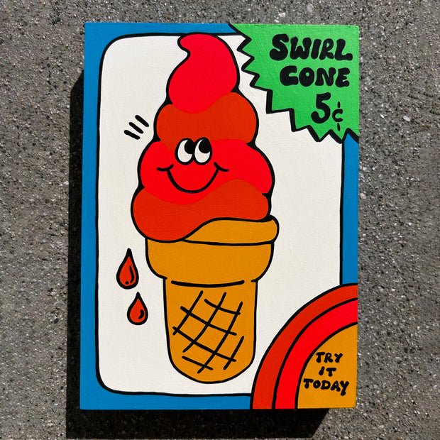 Painting of a red ice cream cone, depicted in a retro cartoon style with a smiling face. Text in the right corner reads "Swirl Cone 5¢" and "Try it Today" in lower right corner.