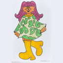 Cartoon cat character with pink hair, green dress, and yellow thigh high boots on a white background