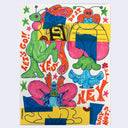 Colorful marker illustration of retro style cartoon bugs , with large wings and bodies and antennae.