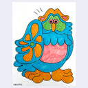 Colorful marker illustration of a retro style cartoon owl, blue with orange feet and feathers.