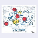 Linocut print of a dog and a person, boxing. The dog knocks out the person, who goes flying with spit coming out their mouth. Below, "Southpaw" is written.