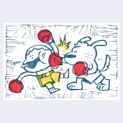 Linocut print of a dog and a person, boxing. The dog knocks out the person, who goes flying with spit coming out their mouth.