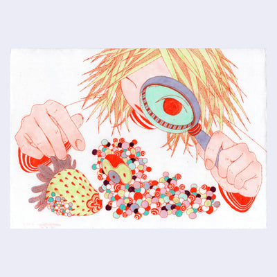 Illustration done in red ink and colored lightly with watercolors of a girl looking through a magnifying glass at a caterpillar made out of many colorful orbs. The caterpillar looks at a large green strawberry, that has small orbs only on one side of it.