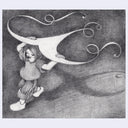 Graphite illustration of a girl carrying a flowy kite, mostly fabric ribbons.