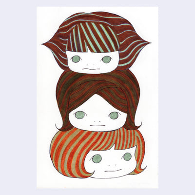 Illustration of 3 heads, stacked atop of one another with short haircuts. Their hair has a striped pattern.