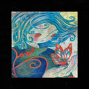 Artistic depiction of a woman with blue hair and a red butterfly on a textured background