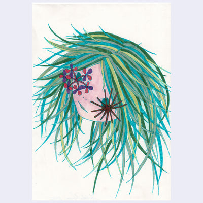 Illustration of a girl with wild hair, straight but with many individual strands of green and blue. 