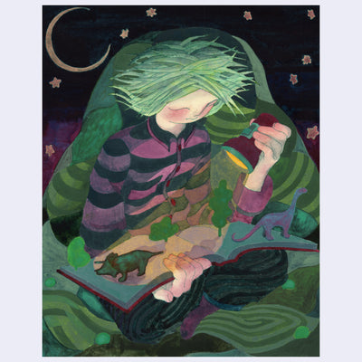 Illustration of a person with green hair reading a book with a flashlight about dinosaurs under a night sky and blanket, the dinosaurs pop up off the page.