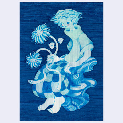 Blue monotone illustration of a stylized girl character with a long neck, sitting on a wooden stool of sorts. She wears baggy clothing and holds sun flowers that have faces on them.