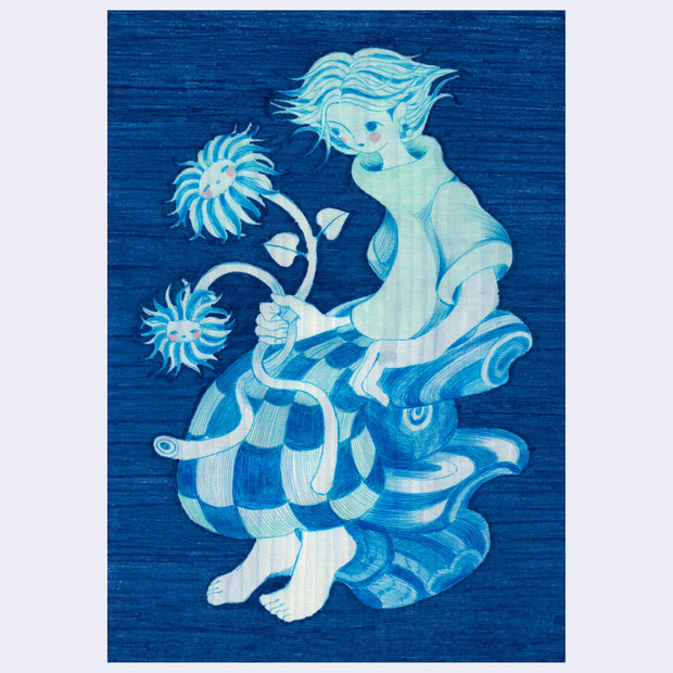 Blue monotone illustration of a stylized girl character with a long neck, sitting on a wooden stool of sorts. She wears baggy clothing and holds sun flowers that have faces on them.