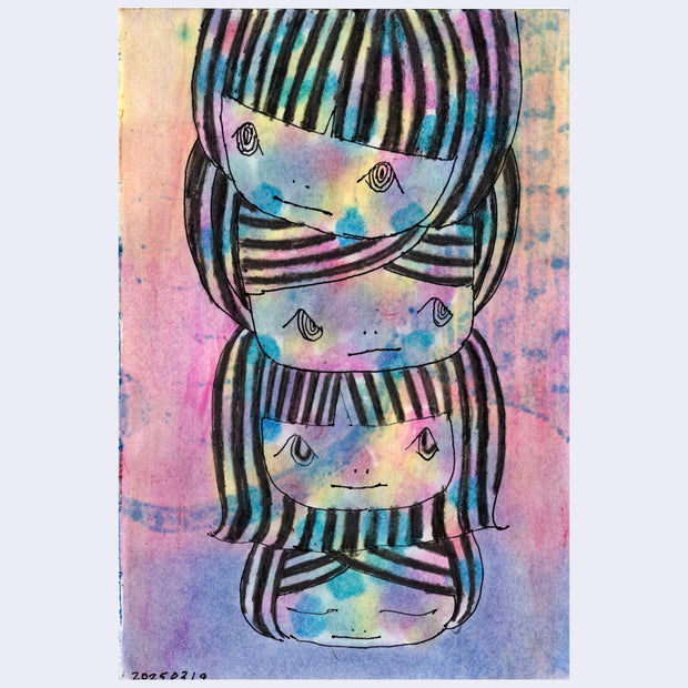 Black crayon drawing on colorful paper of 4 girls heads, stacked atop of one another. They look in various directions and all have short hair with black and white stripes.