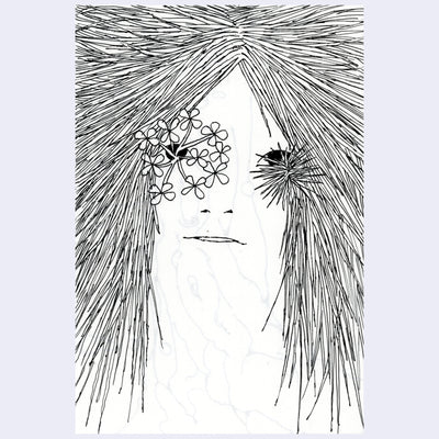 Black ink illustration of a persons face, close up. They have flowers coming out of each of their eyes and long, spiky hair that flows in all directions.