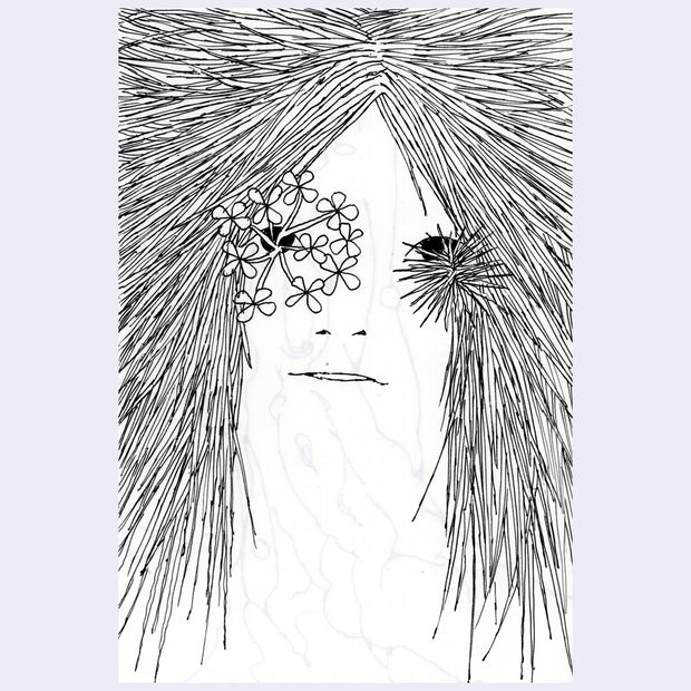Black ink illustration of a persons face, close up. They have flowers coming out of each of their eyes and long, spiky hair that flows in all directions.