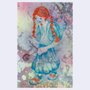 Artistic illustration of a girl with red hair in pigtails, wearing a blue dress, on a colorful abstract background.