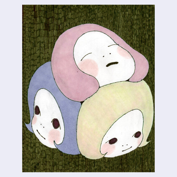 Ink illustration of 3 girls' heads, placed together so 2 are on the bottom and one is on top. The ones at the bottom have normal expressions, the head on top is sleeping.